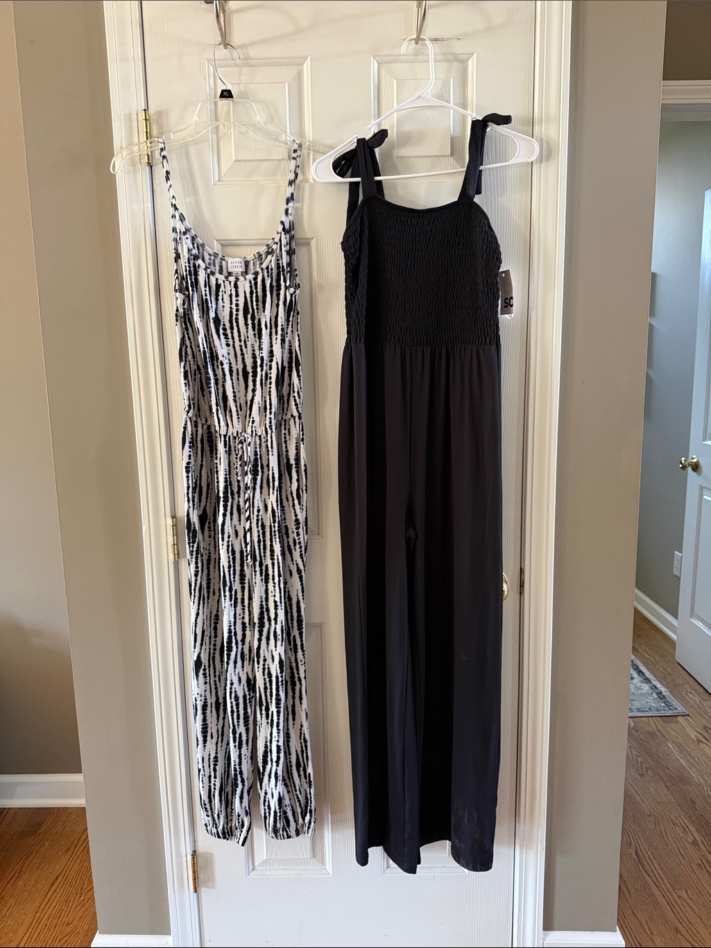 Peyton Jensen Blue/White Jogger Jumpsuit & Soma Black Tied Smocked Jumpsuit